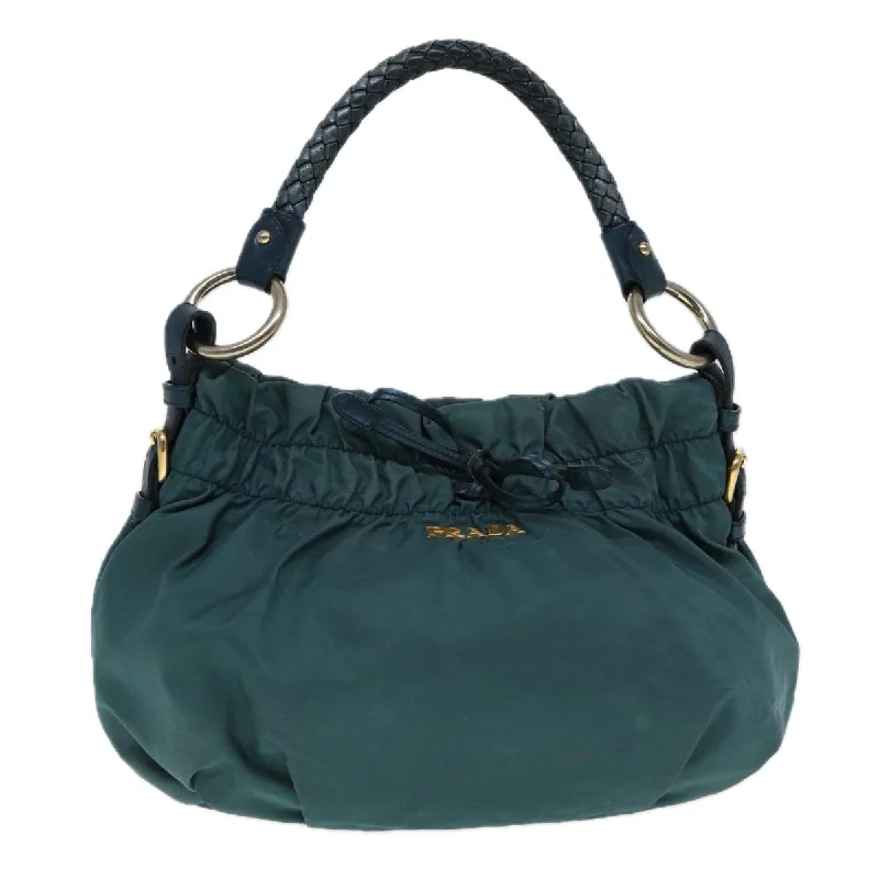 Prada bags with a front - zip pocket for small items like cards and keysPRADA Hand Bag Nylon Green Gold Auth 88089