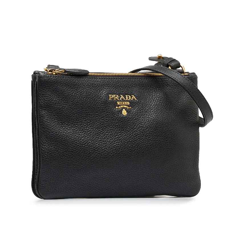 Ladies Prada Re - Edizione 2005 bags with a star - shaped charm for a playful touchPrada Double Zip Crossbody Bag Black Vitello Daino