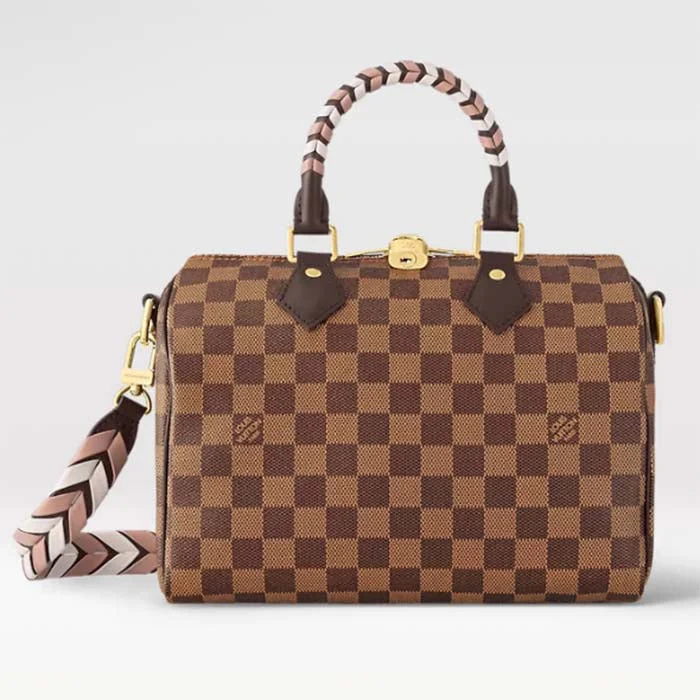 Louis Vuitton tote bags with a double - handle and shoulder - strap optionLouis Vuitton Women LV Braided Speedy 25 Handbag Damier Ebene Coated Canvas