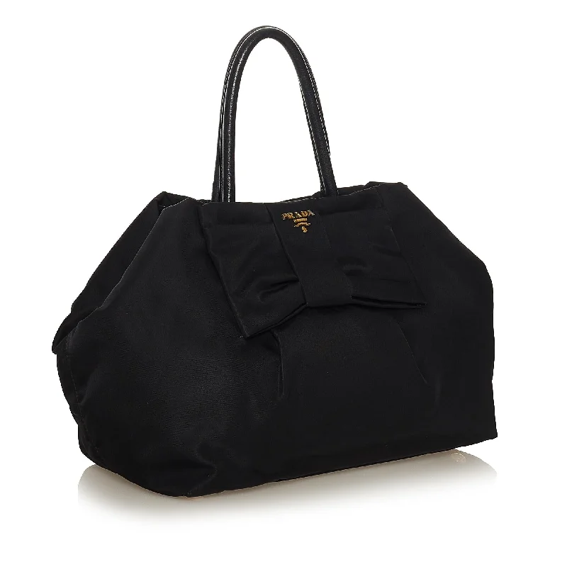 Prada tote bags with a double - handle and shoulder - strap option for easy usePrada Fiocco Bow Tessuto Tote Bag 34373