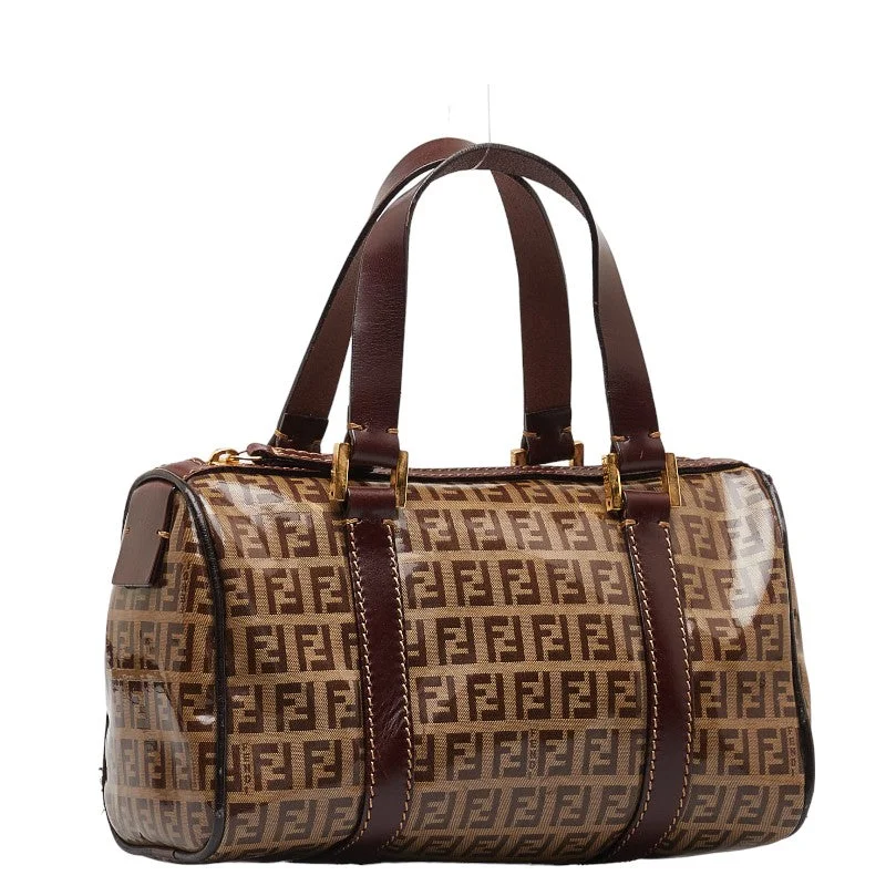 Fendi bags with a chain - link trim and a leather body for a modern and edgy lookFendi Zubo Handbag Mini Boston Bag 16327 Beige Brown Vinyl Leather  Fendi