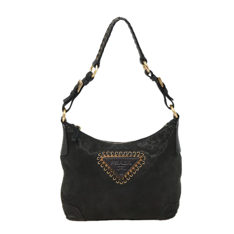 Ladies Prada shoulder bags with a wide - width strap for enhanced comfortPRADA Shoulder Bag Leather Black Gold Auth 87759