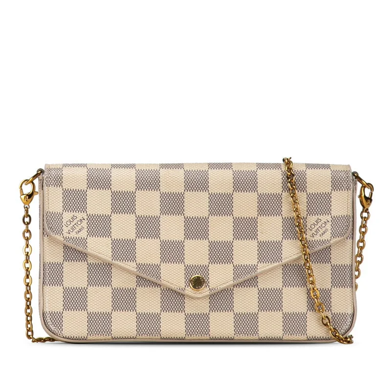 Ladies Louis Vuitton shoulder bags with a wide - width strap for comfortLouis Vuitton Damier Azur Pochette Felice Chain Wallet N40491 White PVC Leather  Louis Vuitton