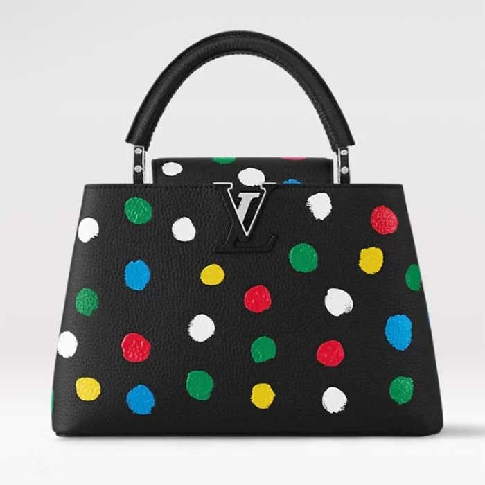 Louis Vuitton Alma bags with a monogram - embossed leather surfaceLouis Vuitton Women LV x YK Capucines MM Black Taurillon Bull Calf Leather 3D Painted Dots Print