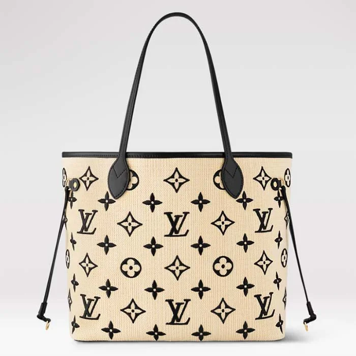 Louis Vuitton bags with a detachable mirror inside for on - the - go touch - upsLouis Vuitton LV Unisex Neverfull MM Black Lotus Cotton Cowhide Leather