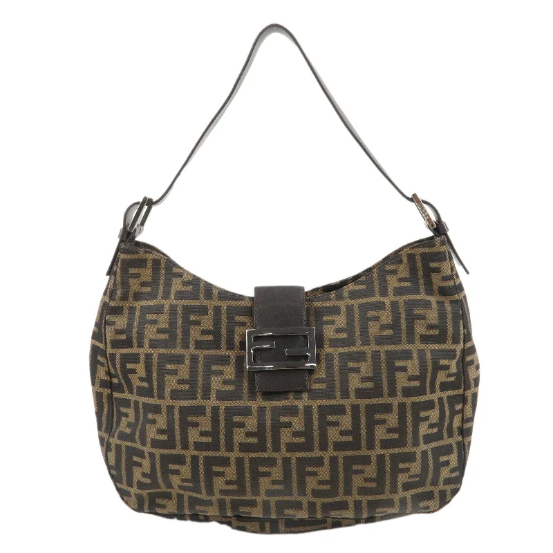 Fendi handbags with a holographic FF logo for a futuristic and trendy lookFENDI Zucca Canvas Leather Shoulder Bag Khaki Black Brown 8BR037