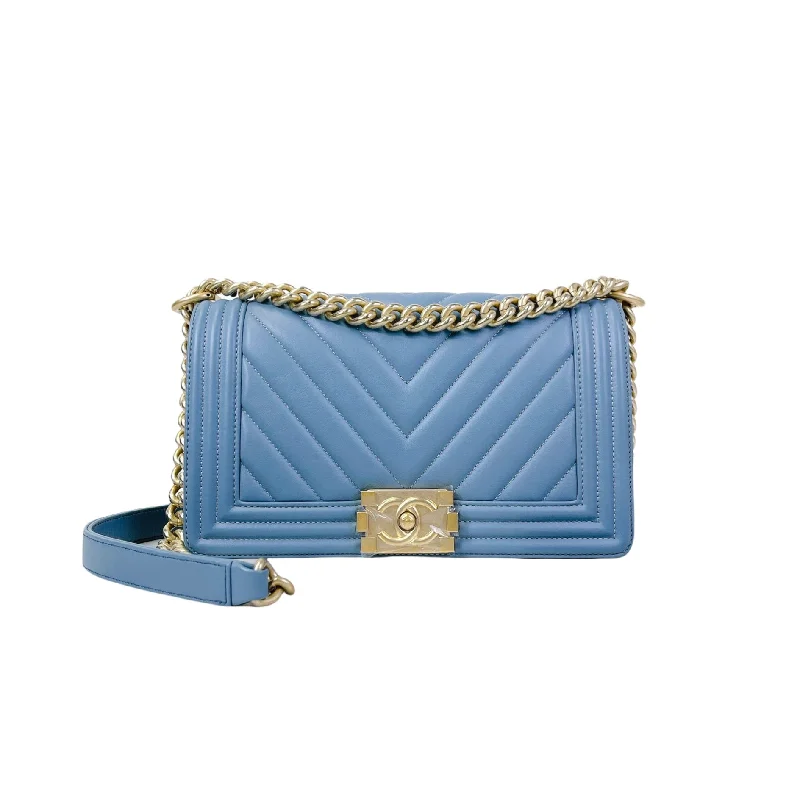 Chanel Luxury Handbag for High - End EventsBoy Old Medium Lambskin Light Blue GHW