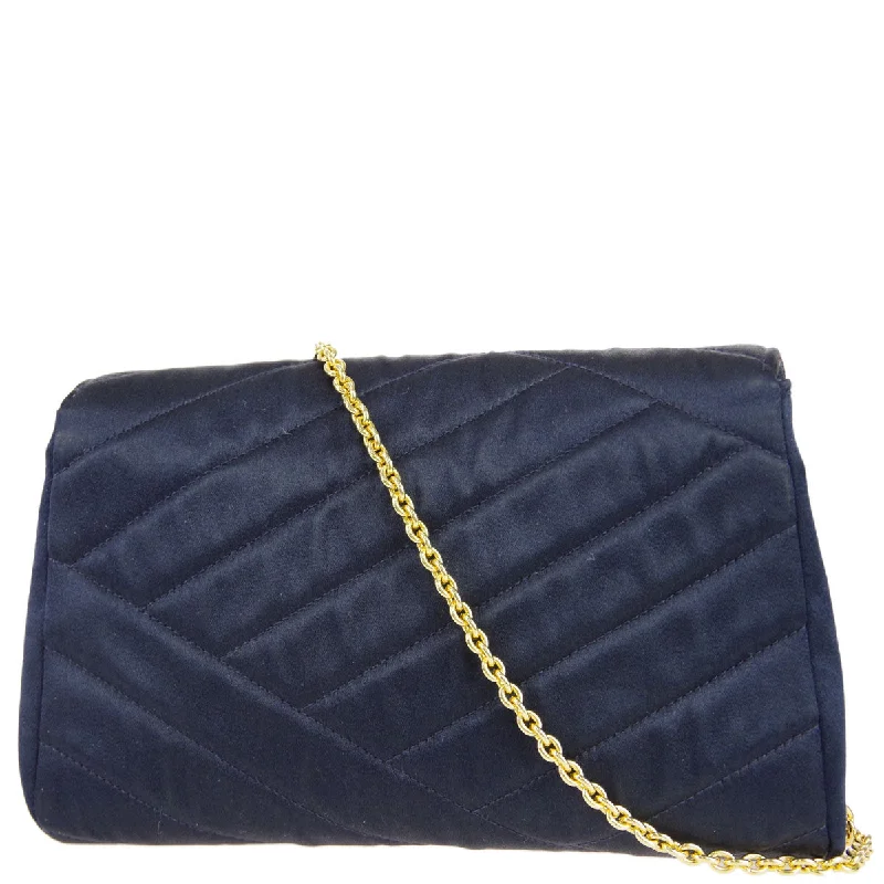 Chanel Classic Flap Bag for Evening PartyChanel 1989-1991 * Bias Stitch Rhinestone Chain Shoulder Bag Navy Satin