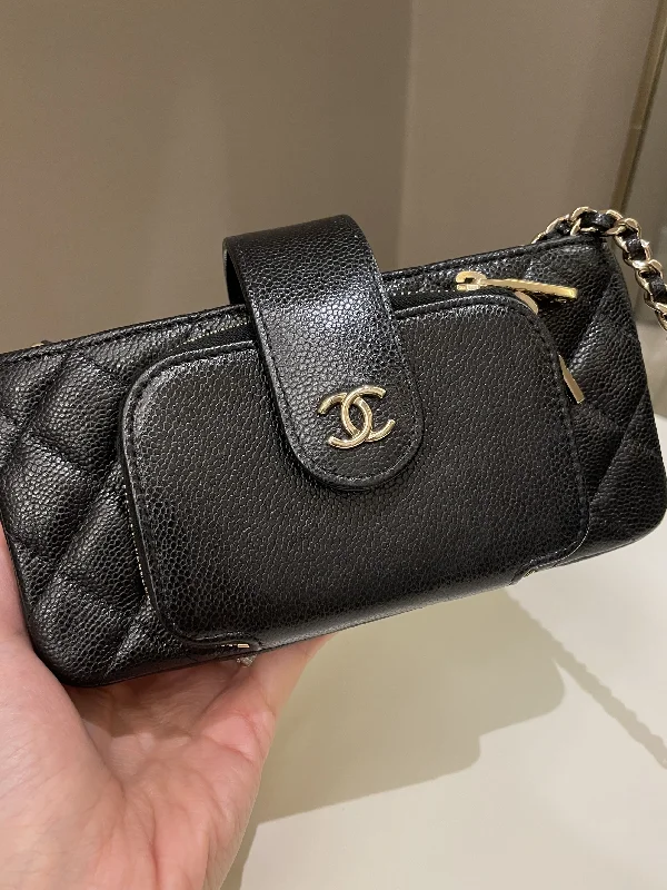 Chanel leather bags for everydChanel 22B Quilted Phone Holder With Chain Black Caviar