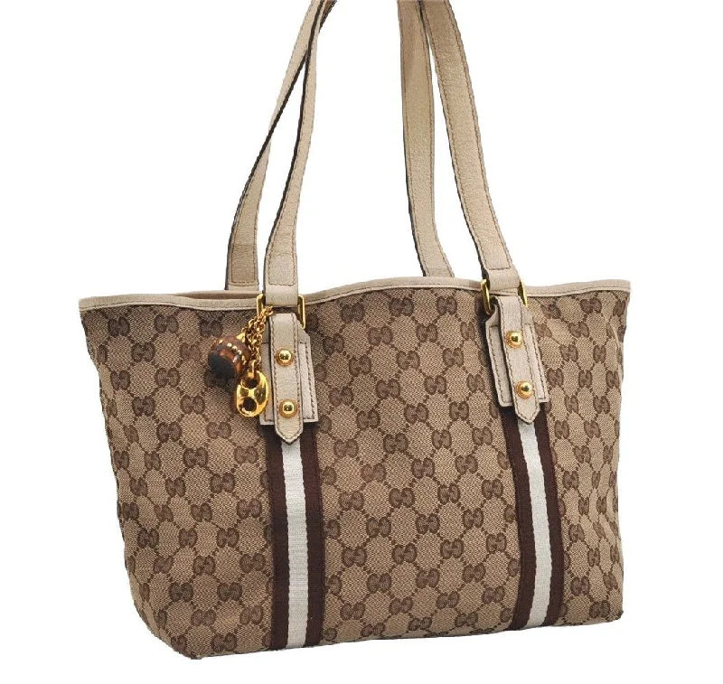 Women Gucci bags with a snap - button closure and a decorative charmAuth GUCCI Sherry Line Shoulder Tote Bag GG Canvas Leather 137396 Brown 9478I