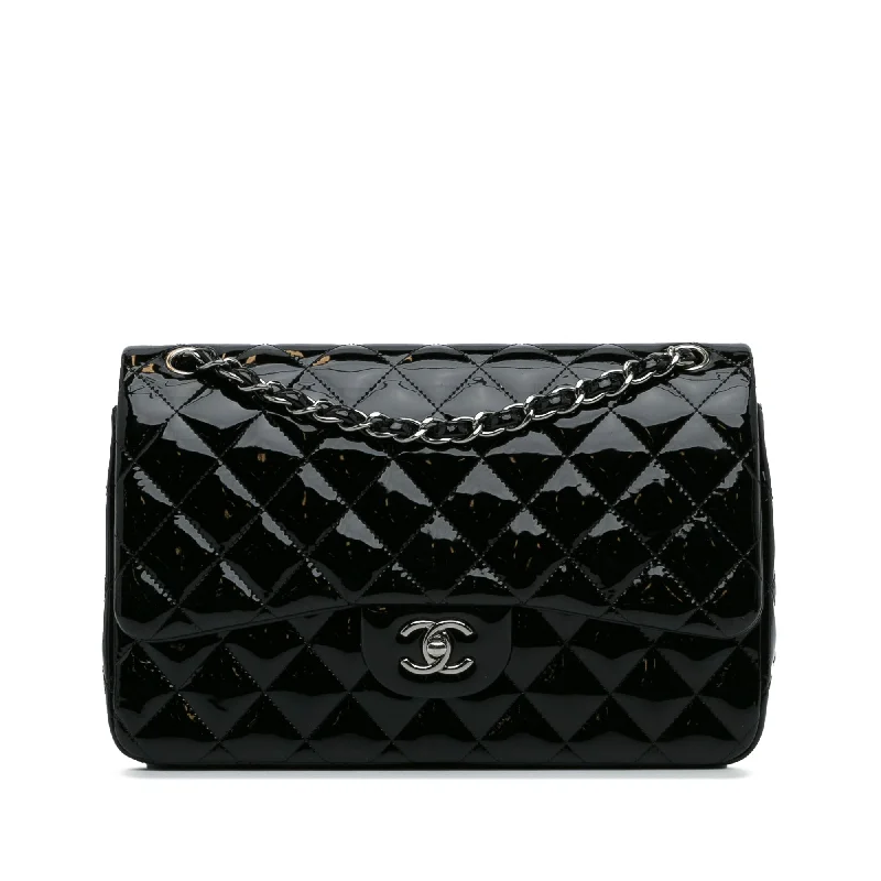 Chanel bags available at online luxury retaileChanel Classic Double Flap Jumbo Black Patent Leather Silver