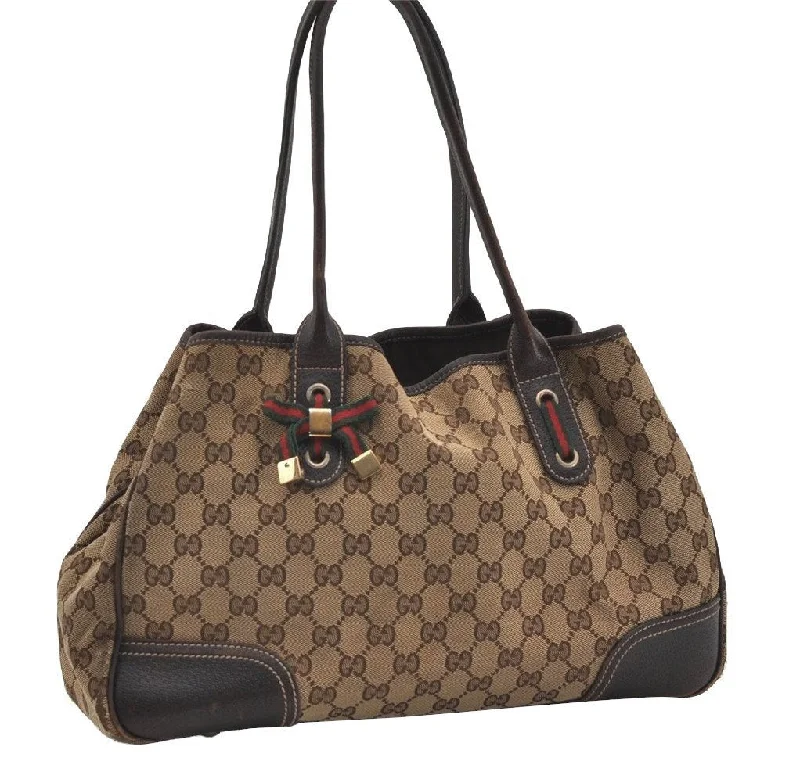 Women Gucci bags with a zip - around closure for securityAuth GUCCI Web Sherry Line Princy Ribbon Tote Bag GG Canvas 163805 Brown 0177J