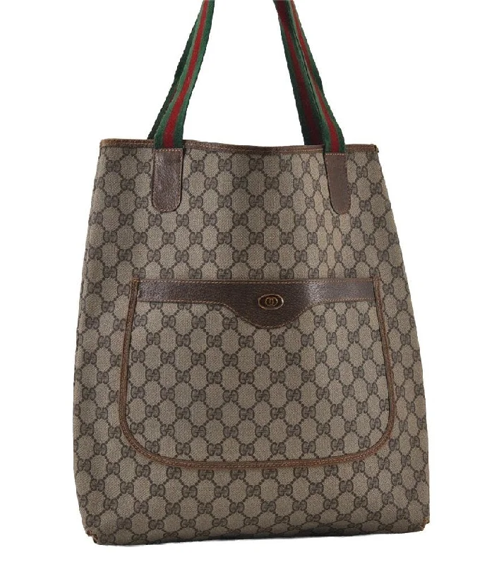 Women Gucci bags with a front - flap pocket for quick - access itemsAuthentic GUCCI Web Sherry Line Shoulder Tote Bag GG PVC Leather Brown 0979J