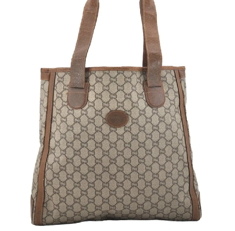 Ladies Gucci shoulder bags with a magnetic - closure flapAuthentic GUCCI Vintage GG Plus Shoulder Tote Bag GG PVC Leather Brown 0286J