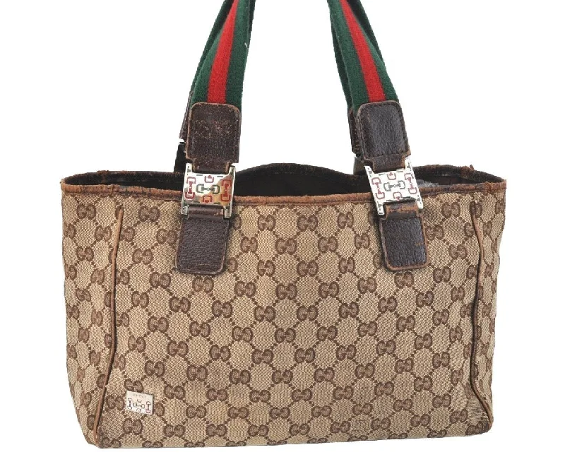 Ladies Gucci handbags with a detachable coin purse insideAuthentic GUCCI Web Sherry Line Tote Bag GG Canvas Leather 145810 Brown K7126