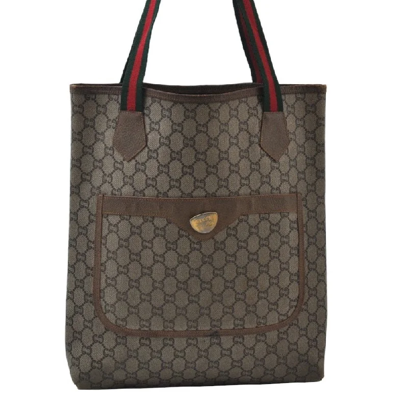 Ladies Gucci Dionysus bags with a detachable shoulder strapAuthentic GUCCI Web Sherry Line GG Plus Tote Bag GG PVC Leather Brown K7286