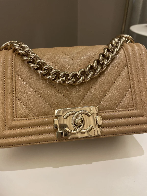 Chanel Chain Strap Handbag for Everyday UseChanel Chevron Small Boy Dark Milk Tea Beige Caviar