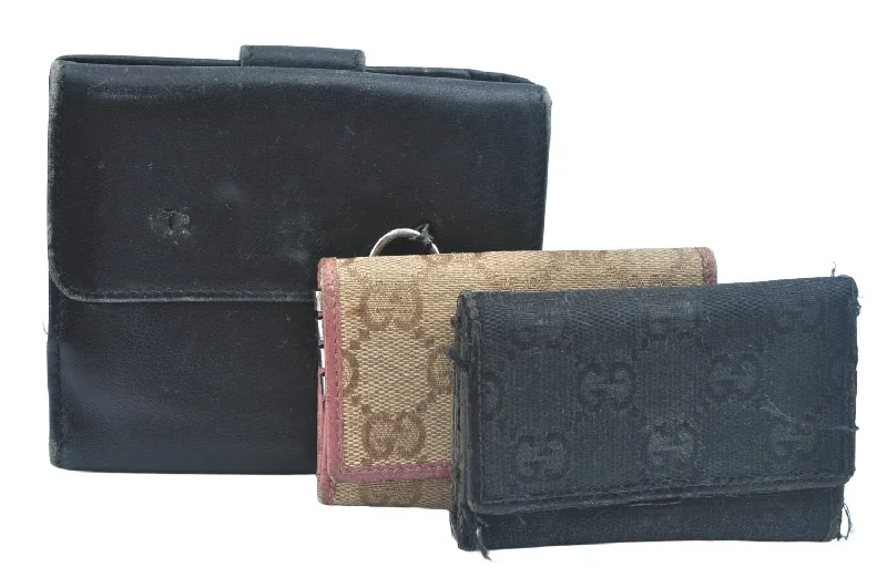 Gucci handbags for women with a beaded trimAuth GUCCI 6 Hooks Key Case Wallet Canvas Leather Black Brown 3Set Junk K6893