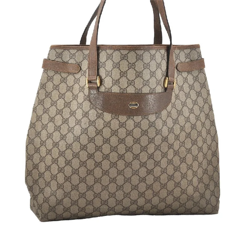 Gucci tote bags for women with a spacious interiorAuthentic GUCCI Vintage Shoulder Tote Bag GG PVC Leather Brown 9915I