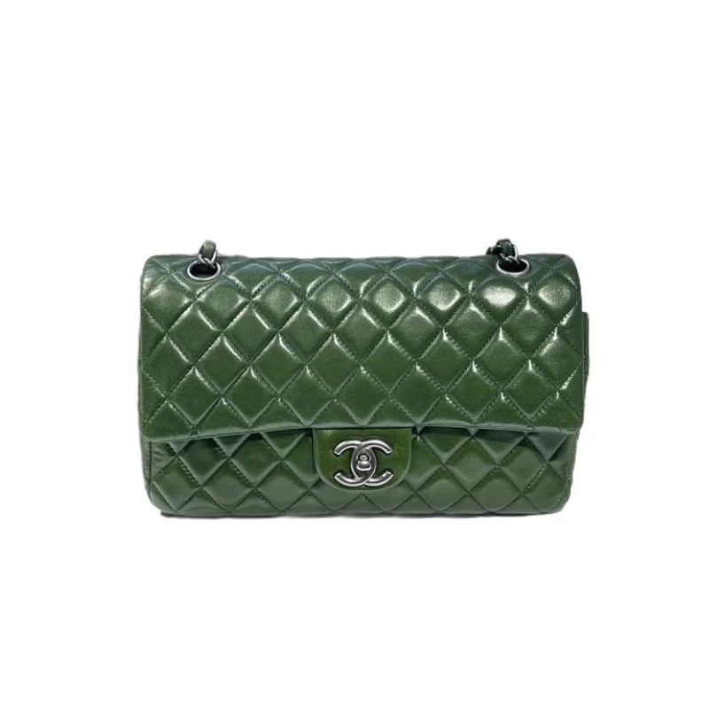 Chanel bags with gold, silver, and pearl accentsClassic Double Flap Medium Lambskin Green SHW