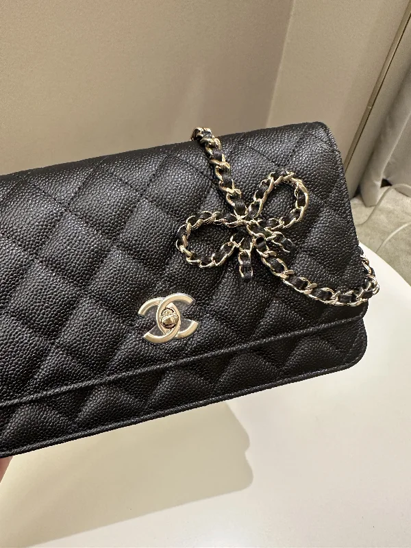 Chanel Designer Handbag with Unique DesignChanel Quilted Wallet on Chain Bow Black Caviar