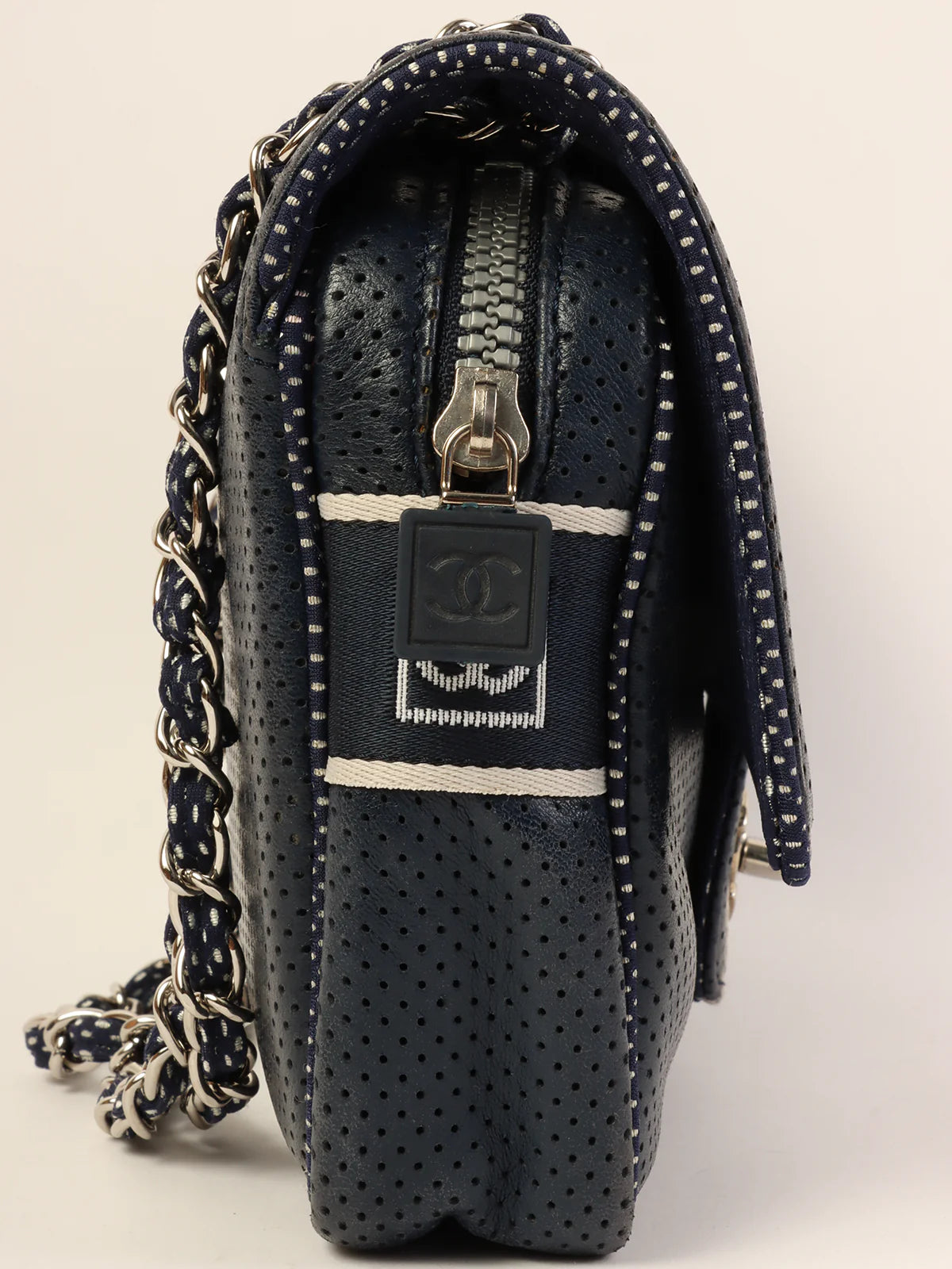 Chanel bags for women with minimalist styleCHANEL Around 2004 Made Sport Line Punching Turn-Lock Chain Bag Navy/White