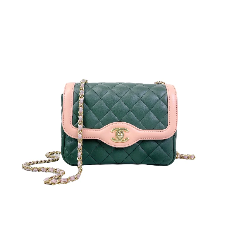 Chanel Medium Tote Bag for Office LadiesTwo Toned Flap Lambskin Green/Pink GHW