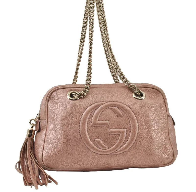 Women Gucci crossbody bags with a keychain holderAuthentic GUCCI SOHO Tassel Chain Shoulder Hand Bag GG Leather 308983 Pink 0768J