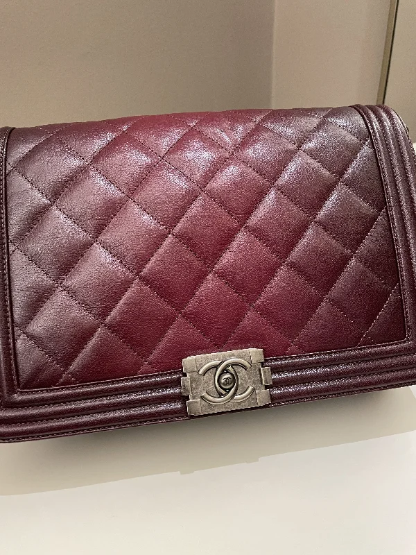 Chanel bags with intricate metal hardwareChanel Quilted Boy Large Burgundy Ombré Calfskin