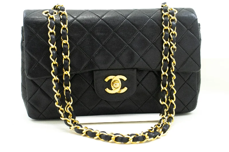 Chanel classicCHANEL Classic Double Flap 9" Chain Shoulder Bag Black Lambskin