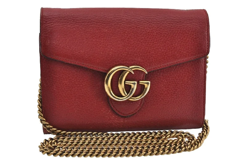 Women Gucci Sylvie bags with a crystal - embellished web stripeAuthentic GUCCI GG Marmont Chain Shoulder Long Wallet Leather 401232 Red 9450I