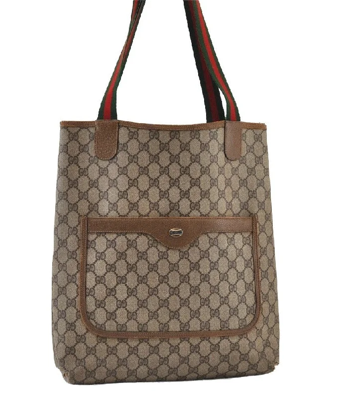 Gucci tote bags for women with a spacious interiorAuthentic GUCCI Web Sherry Line Shoulder Tote Bag GG PVC Leather Brown 0297J