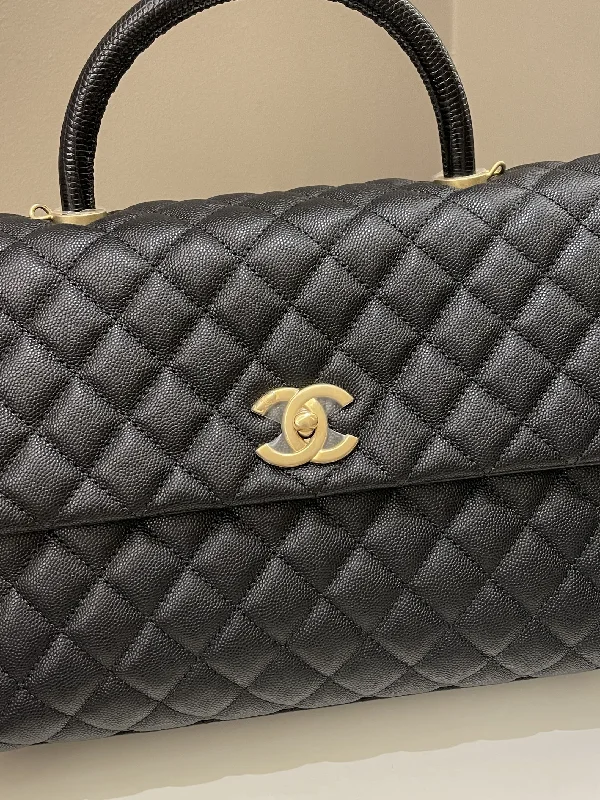 Chanel Medium Tote Bag for Office LadiesChanel Classic Quilted Coco Lizard Handle Black Caviar