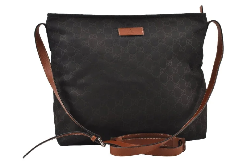 Ladies Gucci shoulder bags with a wide - width strapAuthentic GUCCI Shoulder Cross Body Bag GG Nylon Leather 308840 Dark Brown 0332J