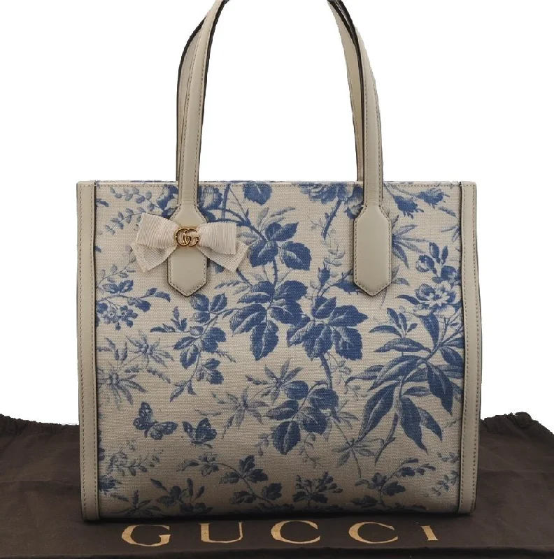 Women Gucci backpacks with a luxurious leather finishAuthentic GUCCI GG Ribbon Herbarium Tote Bag Canvas Leather 432684 White 0290J