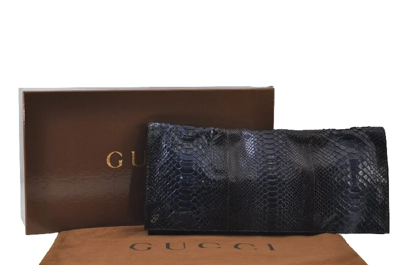 Women Gucci bags with a zip - around closure for securityAuthentic GUCCI Python Motif Leather Clutch Hand Bag Navy 228574 Box 0487J