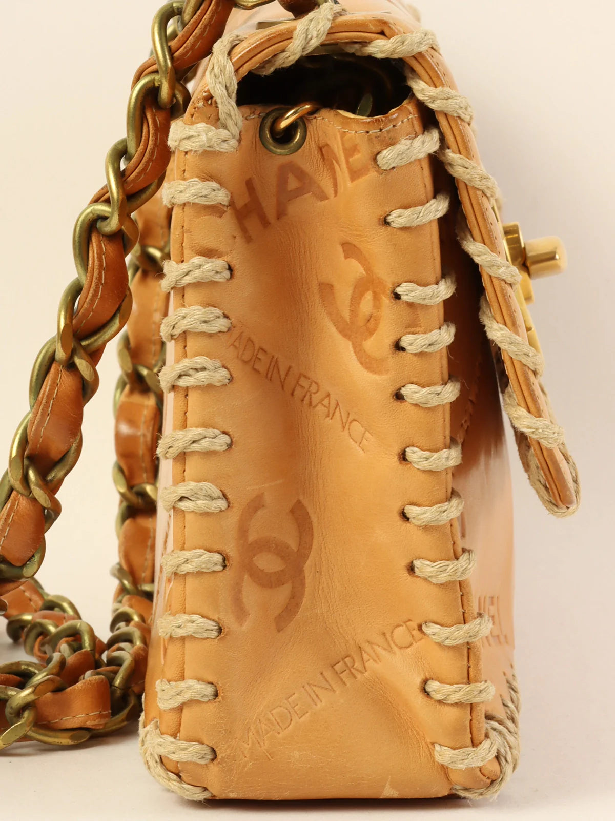 Chanel Lightweight Handbag for Daily ErrandsCHANEL Around 1992 Made Logo Embossed Big Turn-Lock Chain Bag Camel