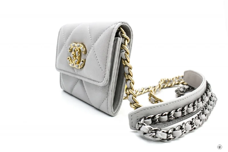 Chanel bags available at online luxury retaileChanel AP1787B04852 19 Flap Coin Purse With Two Tones Gold And Gunmeta Light Grey   NC634 Lambskin Short Wallet Gbhw