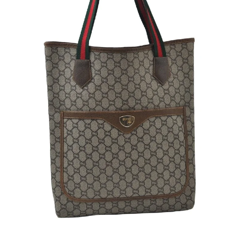 Gucci tote bags for women with a spacious interiorAuthentic GUCCI Web Sherry Line GG Plus Tote Bag GG PVC Leather Brown 0328J