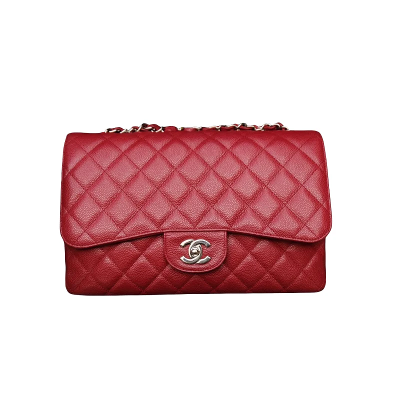 Chanel bags with leather and tweed combinationsSingle Flap Jumbo Caviar Red SHW