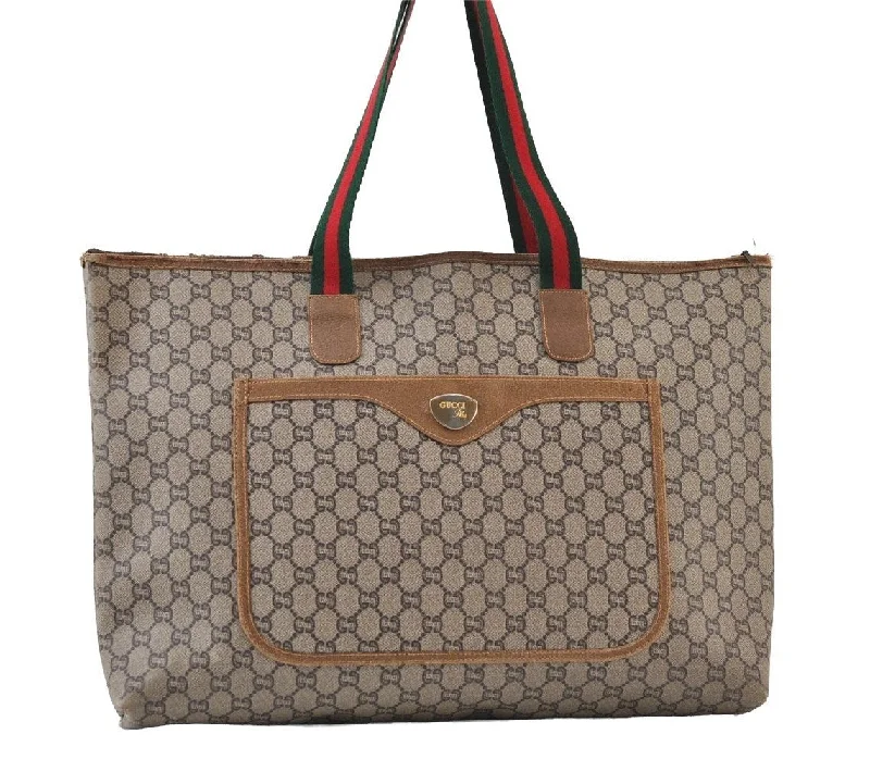 Women Gucci Sylvie bags with a monogram - embossed leatherAuthentic GUCCI Web Sherry Line GG Plus Tote Bag GG PVC Leather Brown 0320J