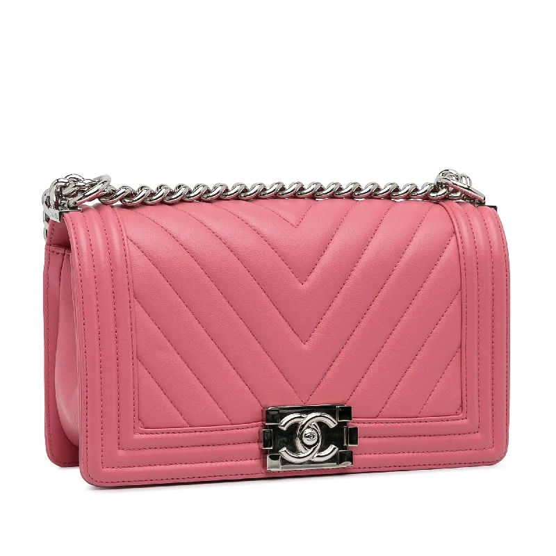 Chanel bags with exclusive seasonal designs and materialsChanel Boy Flap Medium Pink Chevron Lambskin Silver