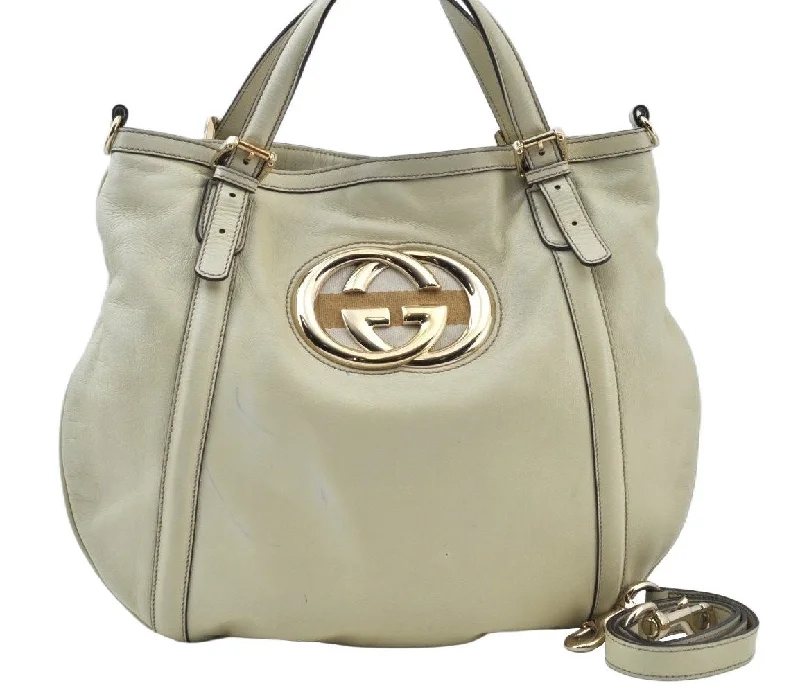 Ladies Gucci shoulder bags with a magnetic - closure flapAuthentic GUCCI Britt Sherry Line 2Way Tote Bag Leather 162886 White 1043J