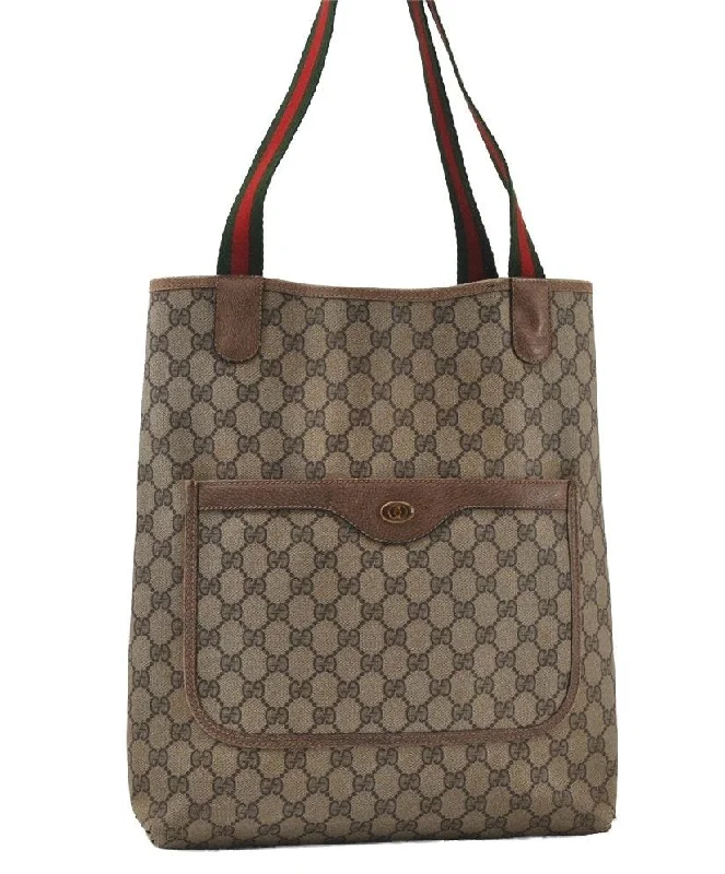 Women Gucci Sylvie bags with a monogram - embossed leatherAuthentic GUCCI Web Sherry Line Shoulder Tote Bag GG PVC Leather Brown 0543J