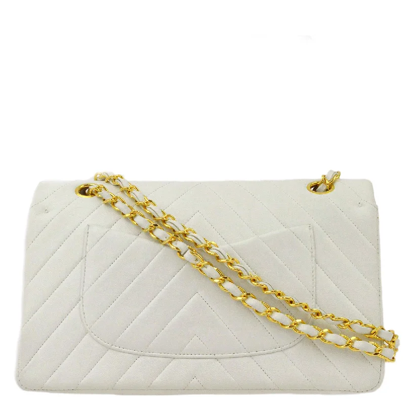 Chanel bags with adjustable chain strapsChanel White Lambskin V Stitch Medium Classic Double Flap Shoulder Bag