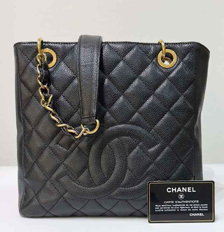 Chanel bags with leather and tweed combinationsChanel Caviar Quilted Petit Shopping Tote PST Black