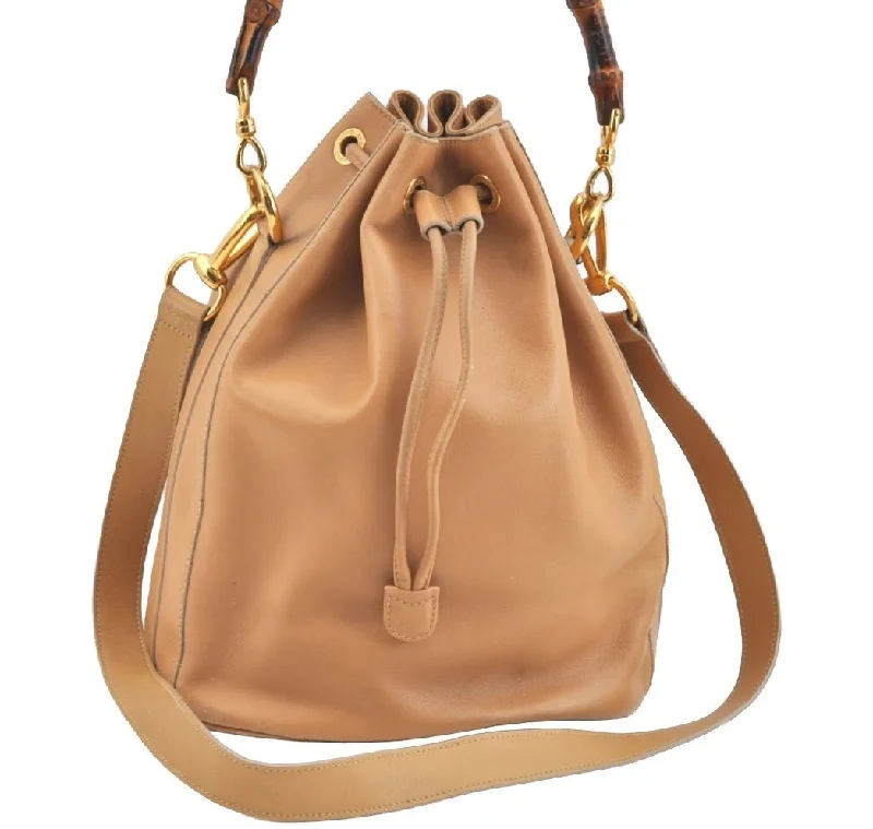 Gucci backpacks for women with a padded laptop compartmentAuthentic GUCCI Bamboo 2Way Shoulder Drawstring Bag Leather Beige Junk K7281