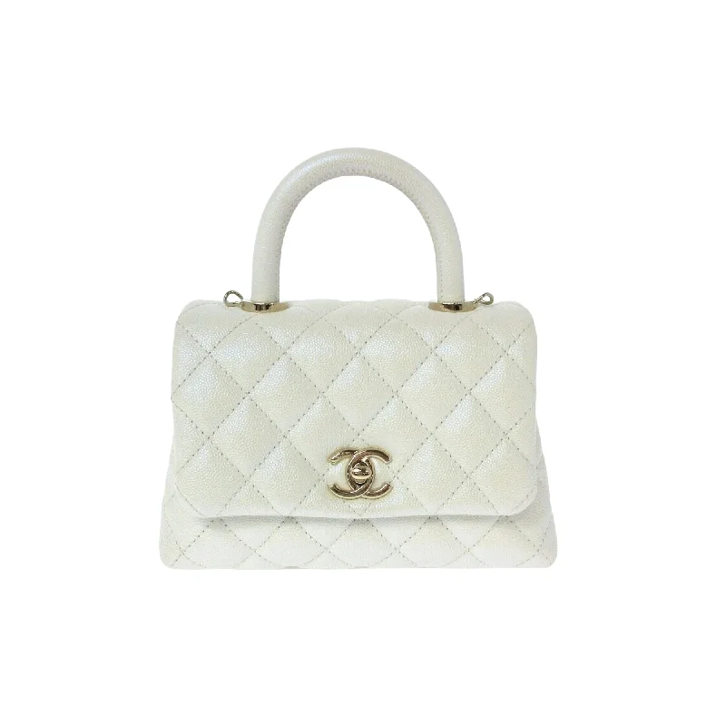 Chanel Quilted Leather Shoulder Bag for FashionistasCoco Handle Mini Caviar Iridescent White LGHW