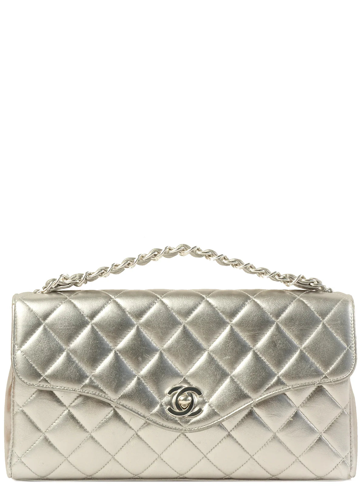 Chanel bags with the perfect balance of luxury and functionalityCHANEL Around 1997 Turn-Lock Chain Top Handle Bag Silver