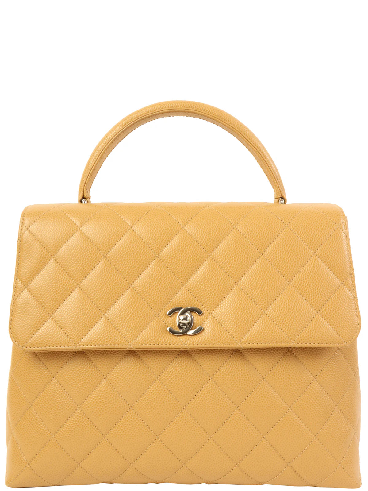 Chanel bags with iconic stitching detailsCHANEL Around 2000 Made Caviar Skin Turn-Lock Top Handle Bag Beige